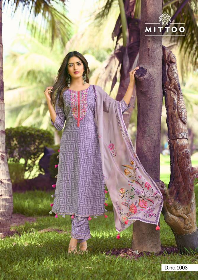 Innaya By Mittoo Threadwork Rayon Printed Kurti With Bottom Dupatta Wholesale Shop In Surat